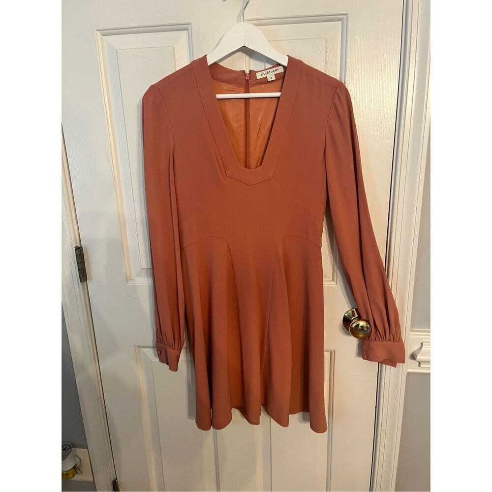 Jill Stuart Light Pumpkin Crepe Full Skirt V-Neck Long Sleeve Dress sz 4 EUC Bea